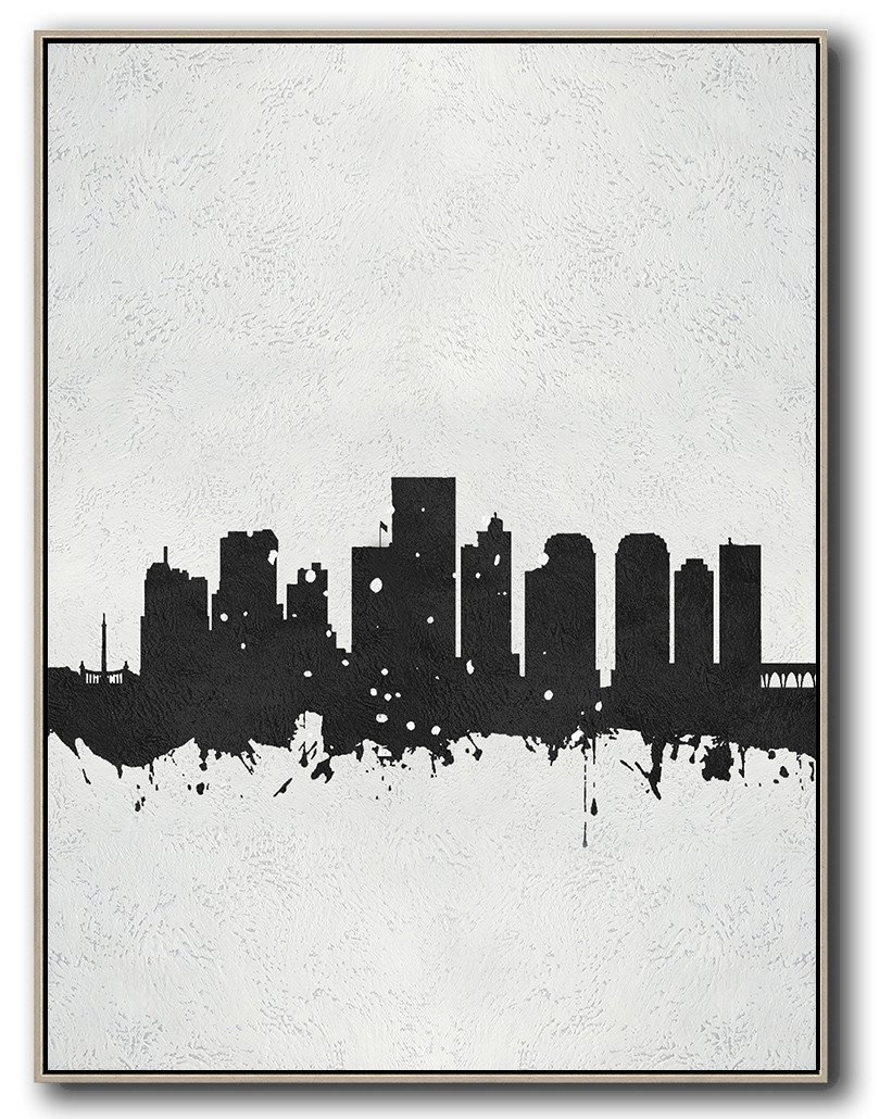 Hand-Painted Black And White Minimal Painting On Canvas Mn403B Richmond, Virginia Skyline - Wall Art Painting Guest Room Extra Large